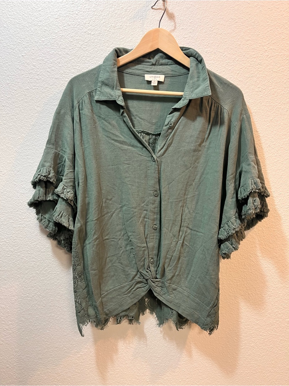 Umgee Dusty Sage Green Button-Front Fringe Sleeve Shirt